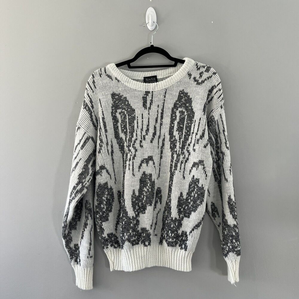 Vintage 70s 80s New Era Knit Sweater Black White Marble USA Size Large